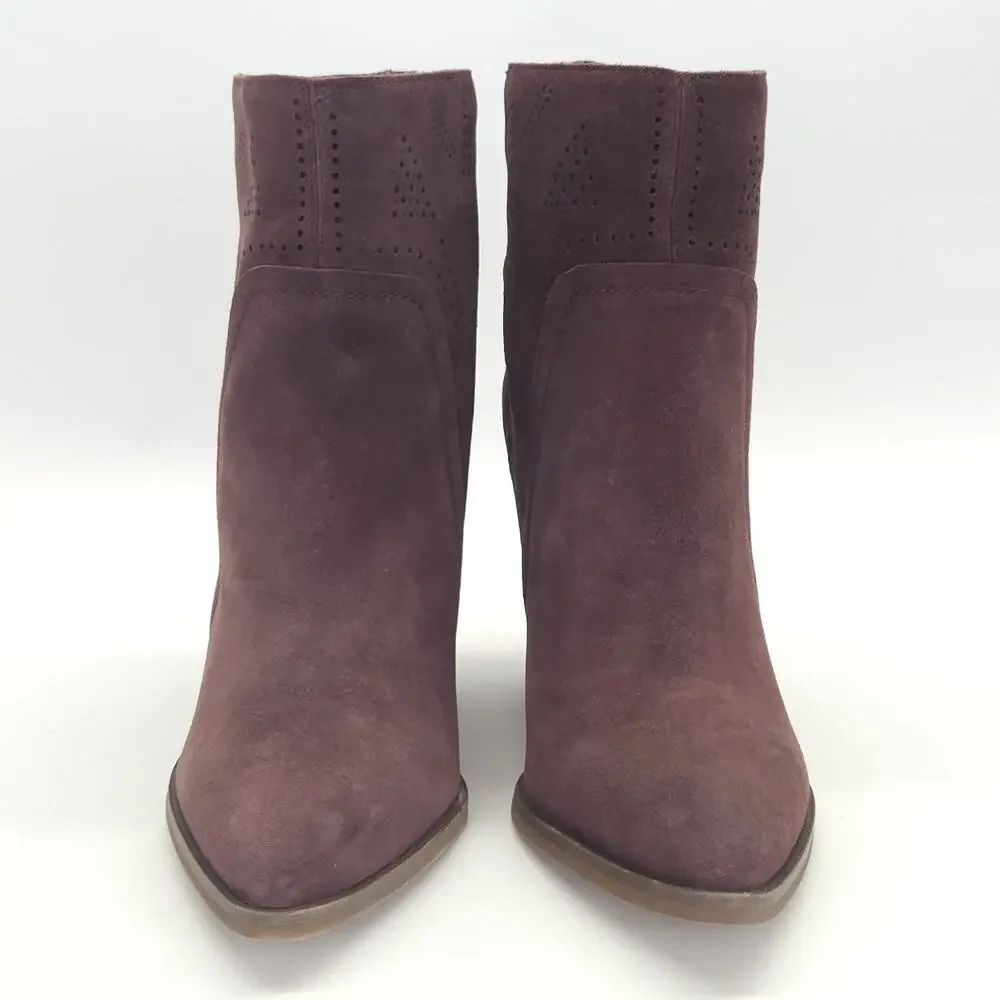 Vince Camuto Ankle Bootie 7.5 Block Heel Burgundy Suede Boho Winter Work 3.5